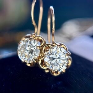 Antique 1.77 ctw Old European Cut Drop Diamond Dormeuse Earrings 14k Gold